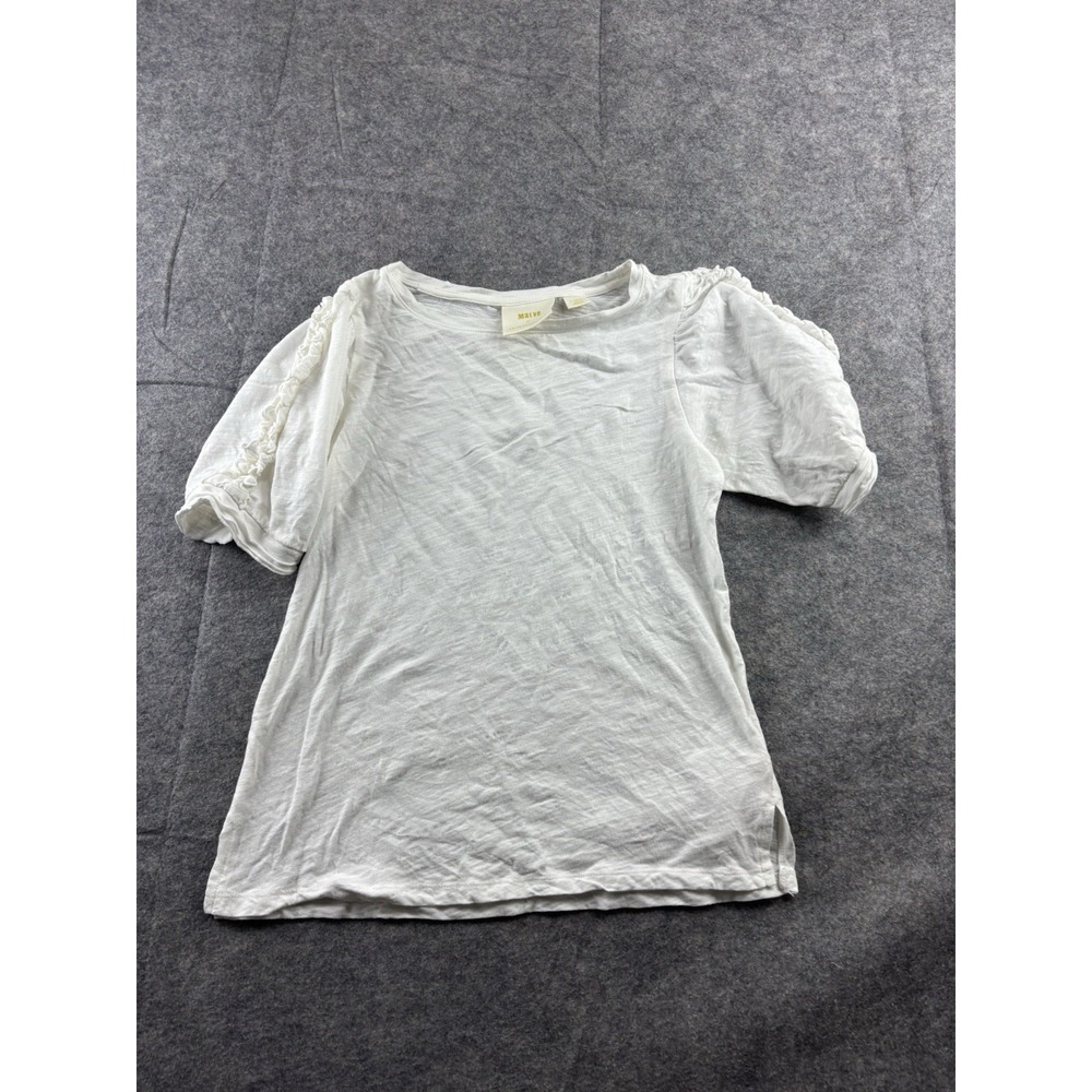 Maeve Anthropologie white half sleeve puff ruffle detail slub knit shirt Size XS